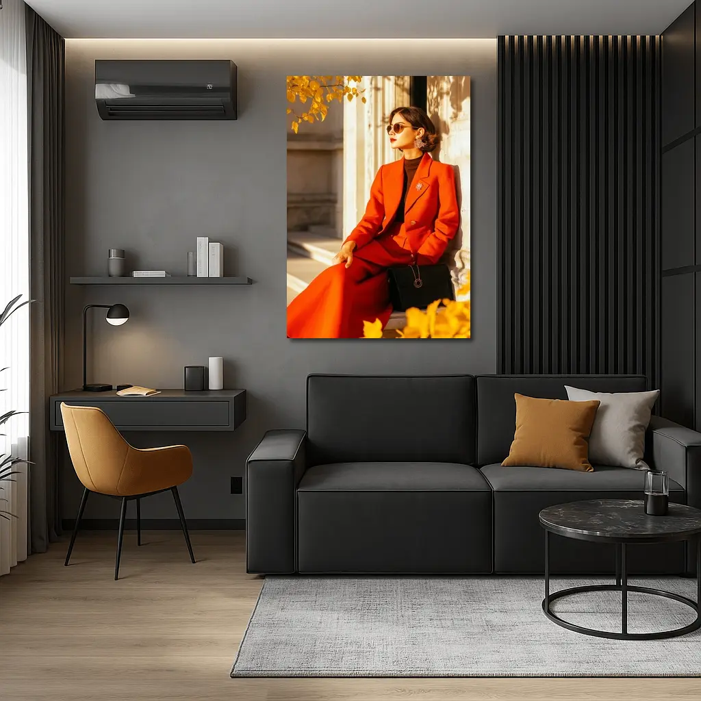 Woman Red Suit Autumn City Architecture – Wall Art