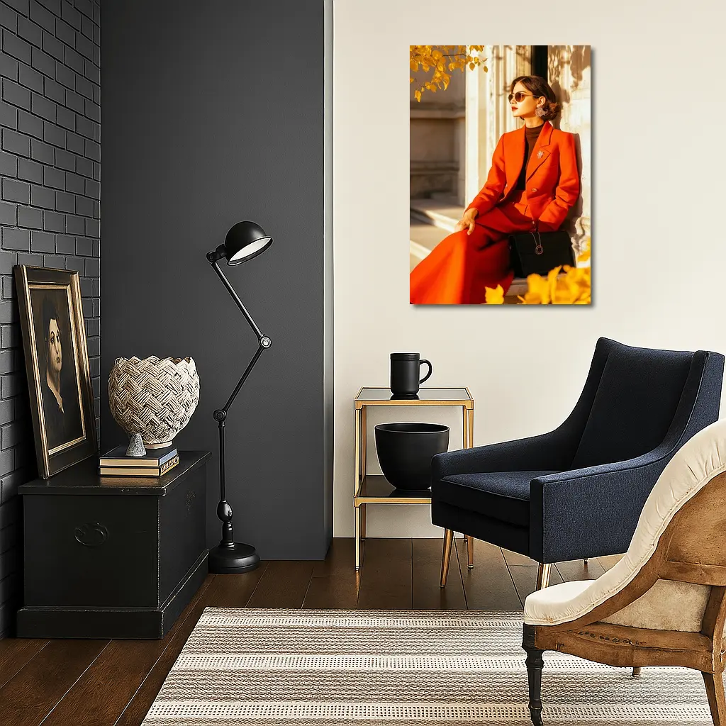Woman Red Suit Autumn City Architecture – Wall Art