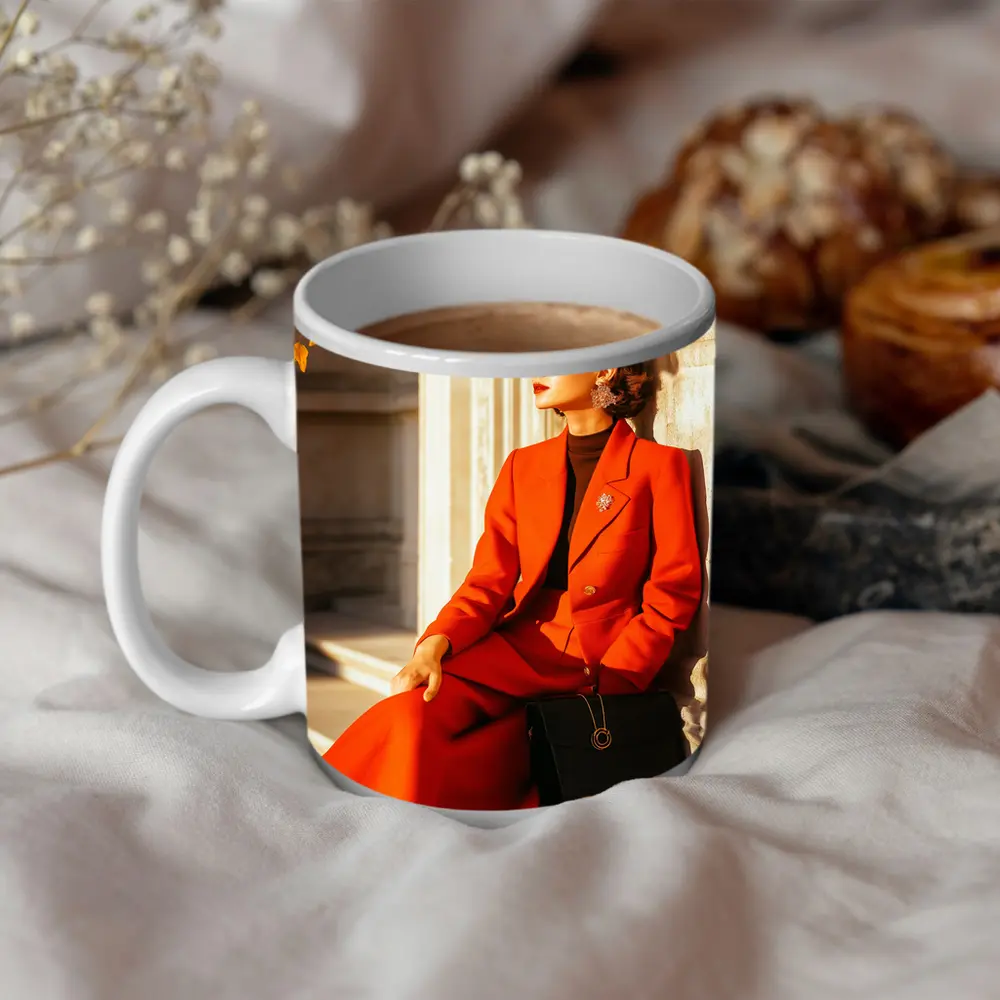 Woman Red Suit Autumn City Architecture – Mugs