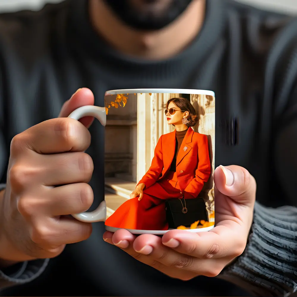 Woman Red Suit Autumn City Architecture – Mugs