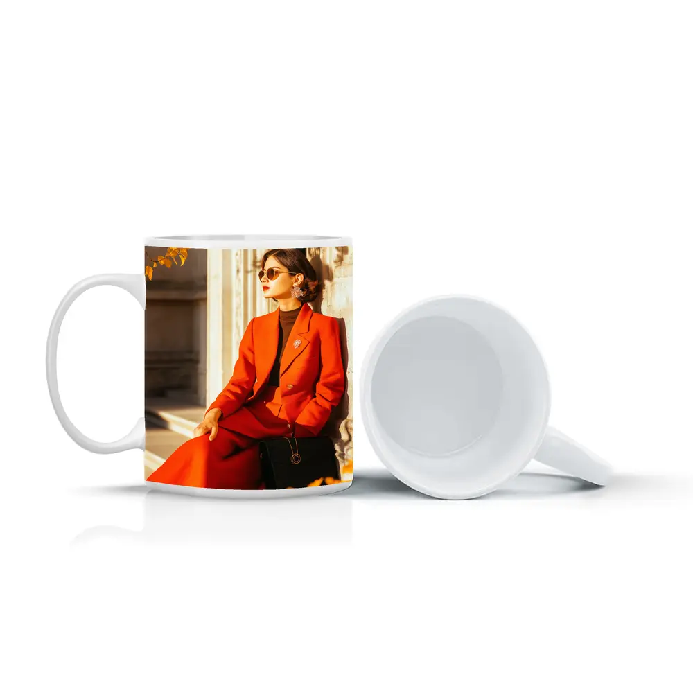 Woman Red Suit Autumn City Architecture – Mugs