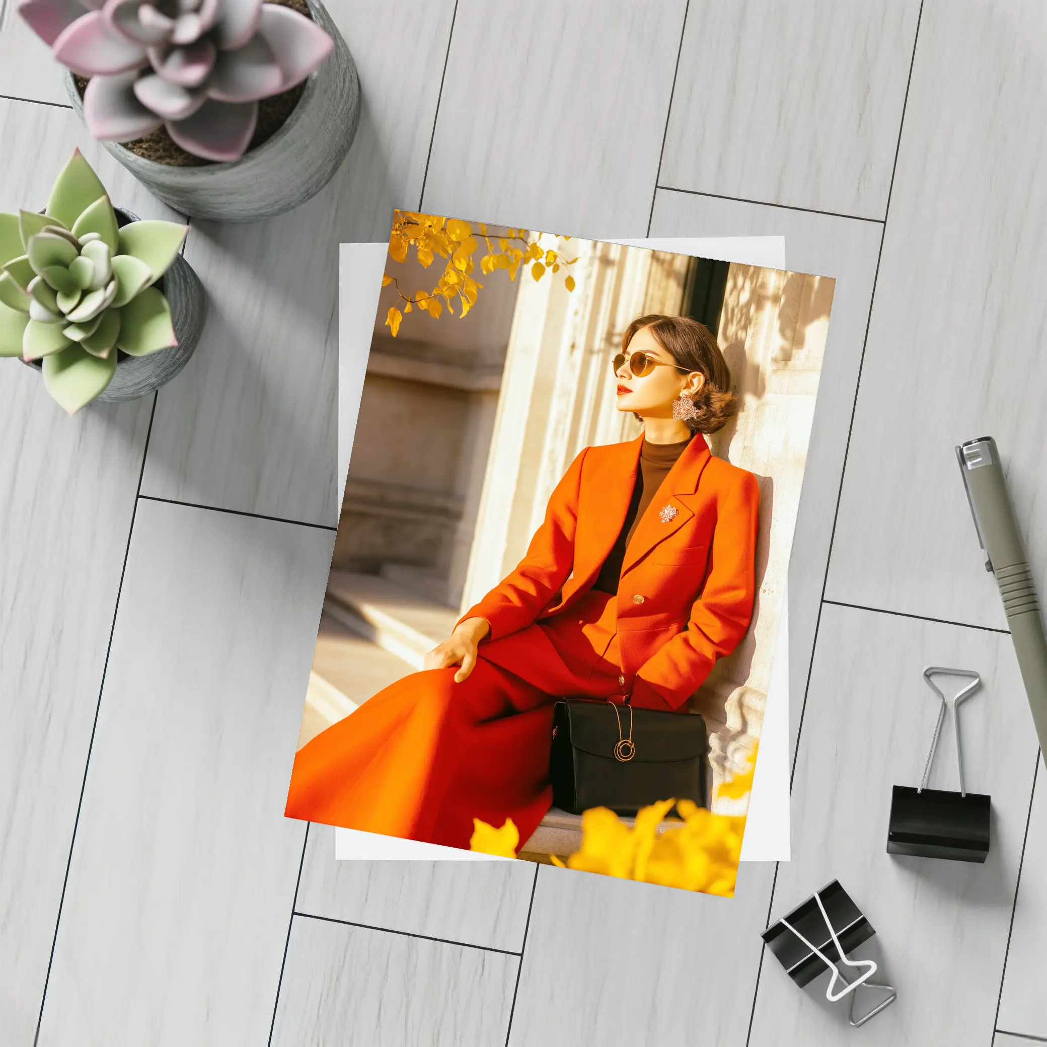 Woman Red Suit Autumn City Architecture – Postcards