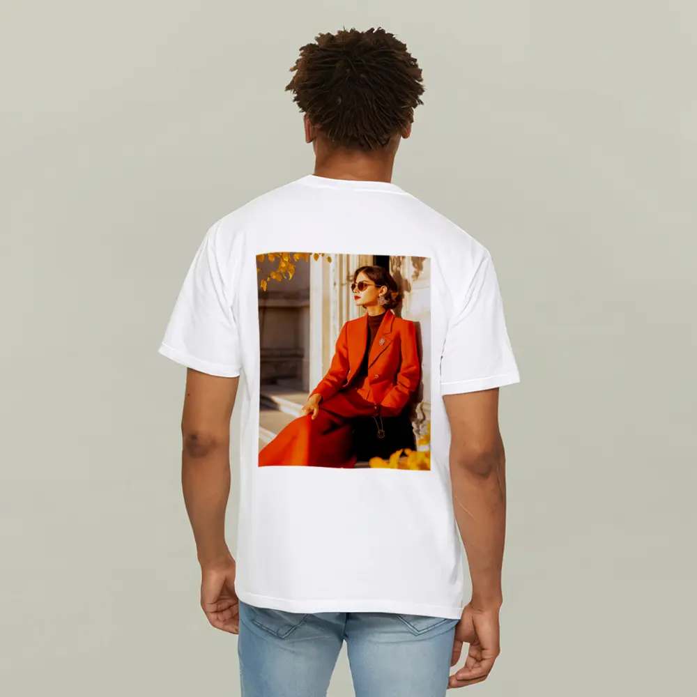Woman Red Suit Autumn City Architecture – T-Shirts