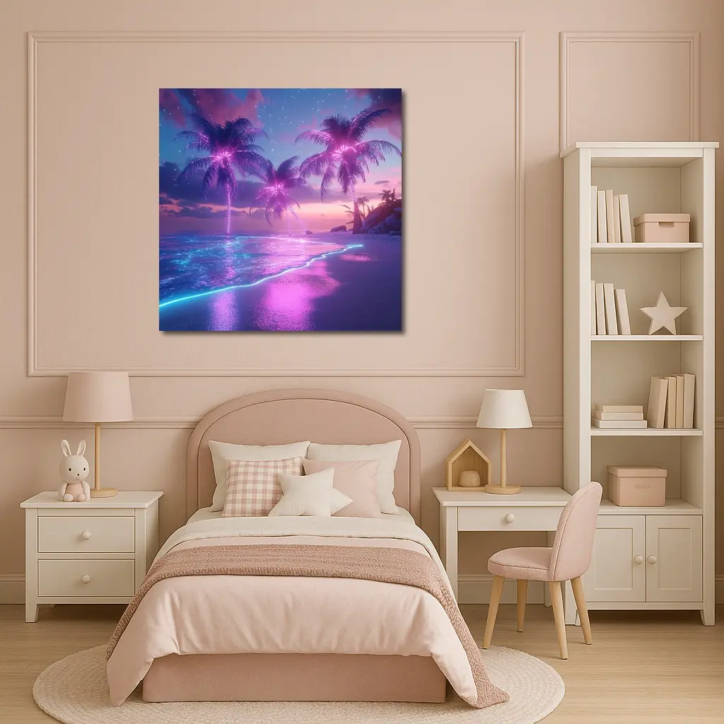 Neon Palm Trees Glowing Beach Night – Wall Art