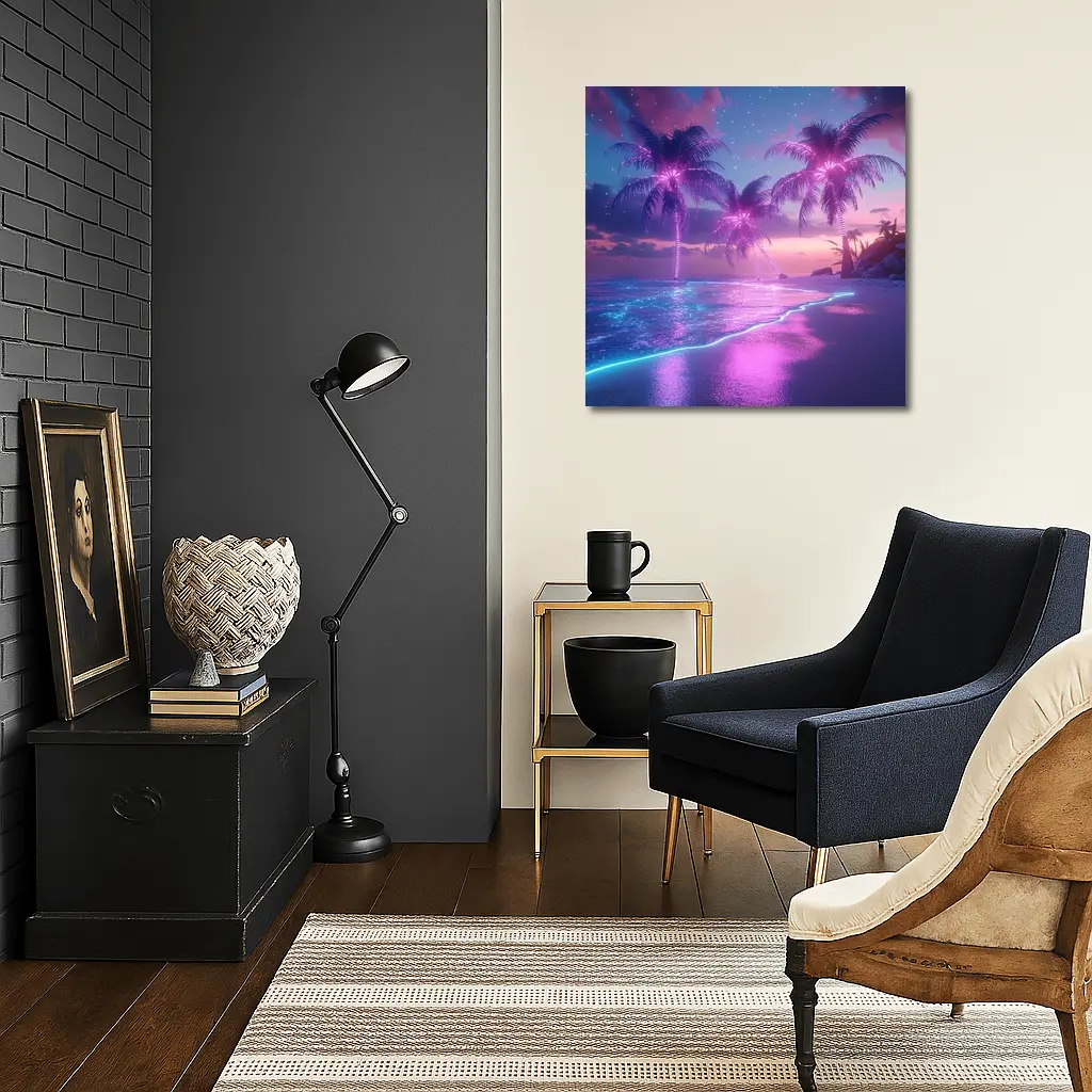 Neon Palm Trees Glowing Beach Night – Wall Art