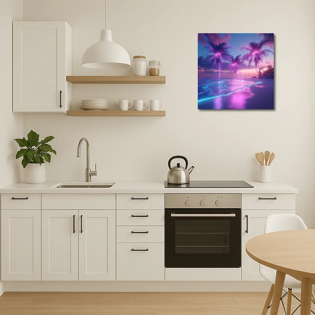 Neon Palm Trees Glowing Beach Night – Wall Art