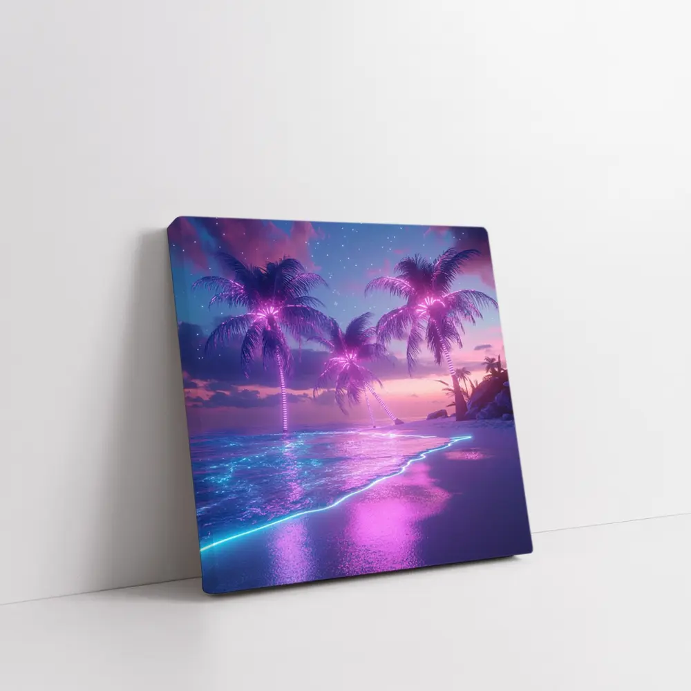 Neon Palm Trees Glowing Beach Night – Wall Art