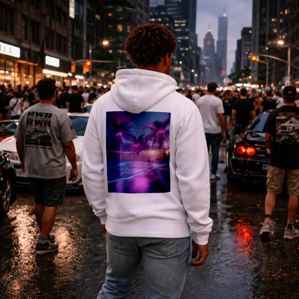 Neon Palm Trees Glowing Beach Night – Hoodies