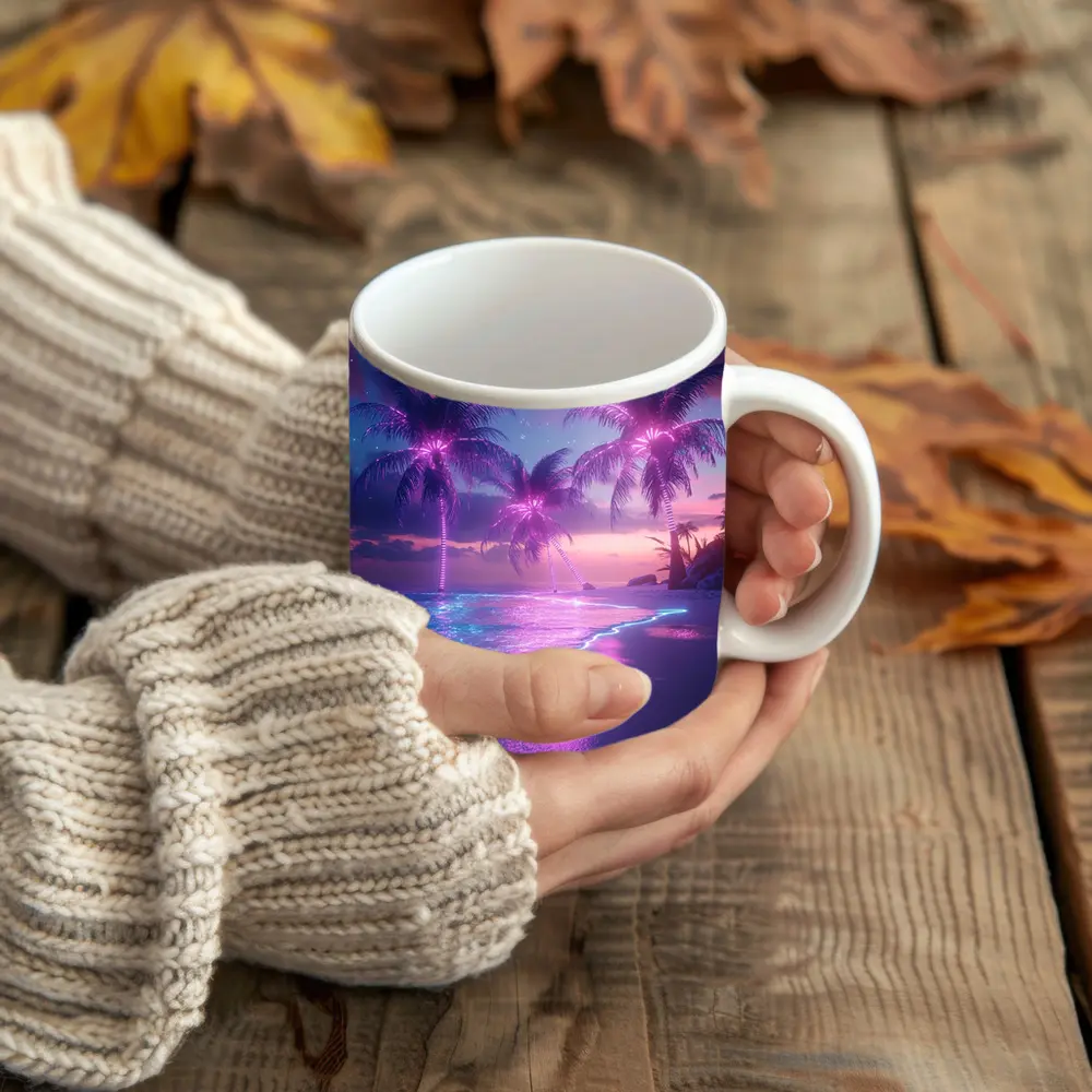 Neon Palm Trees Glowing Beach Night – Mugs