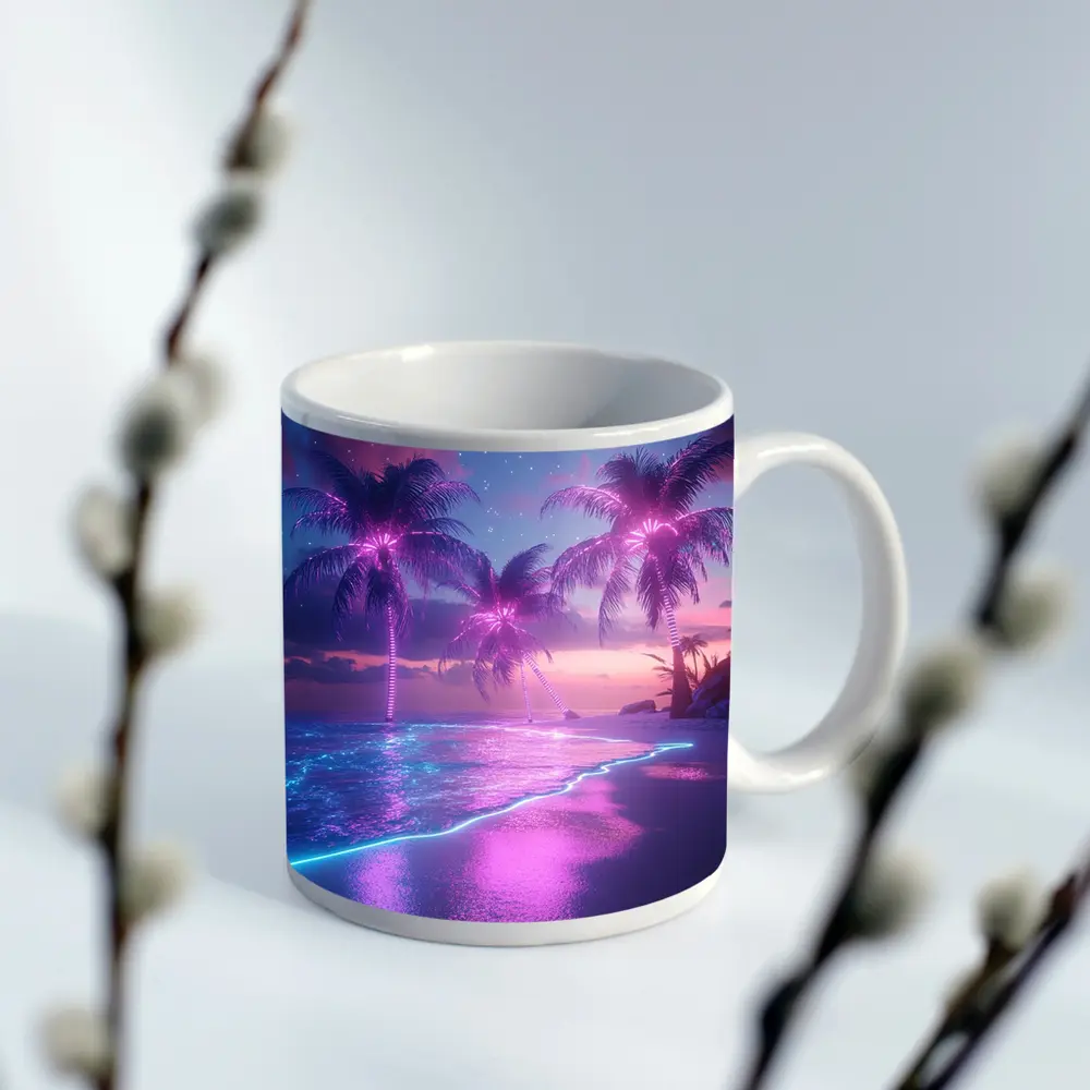 Neon Palm Trees Glowing Beach Night – Mugs