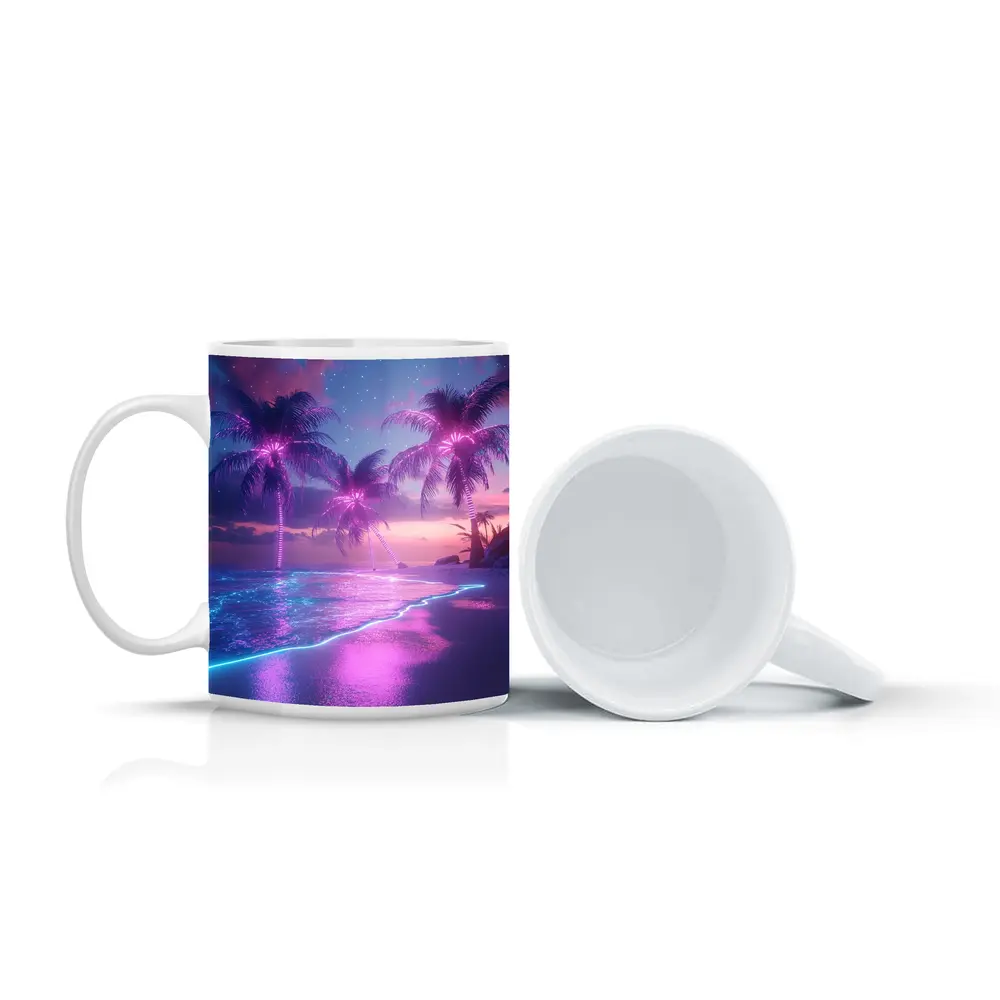 Neon Palm Trees Glowing Beach Night – Mugs