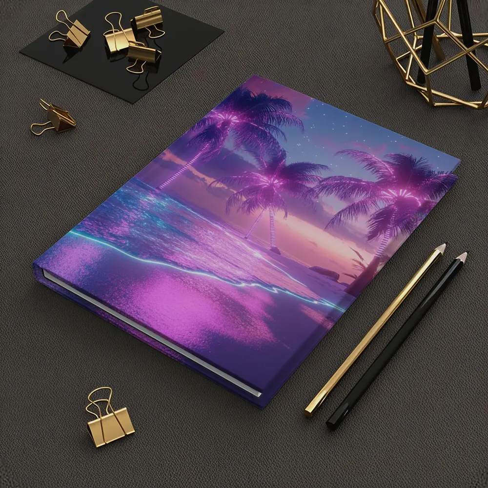 Neon Palm Trees Glowing Beach Night – Notebooks