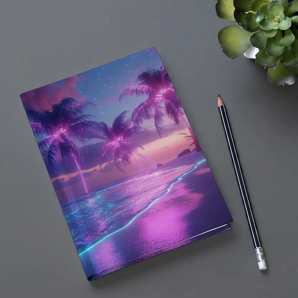 Neon Palm Trees Glowing Beach Night – Notebooks