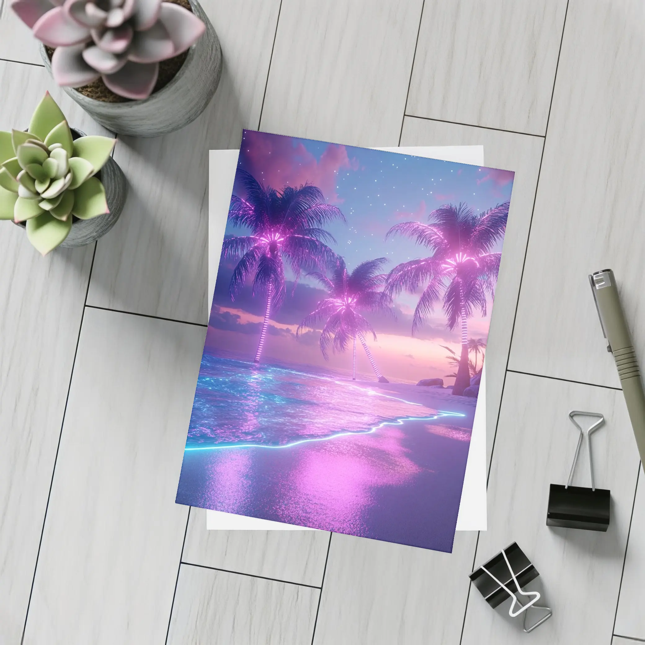 Neon Palm Trees Glowing Beach Night – Postcards