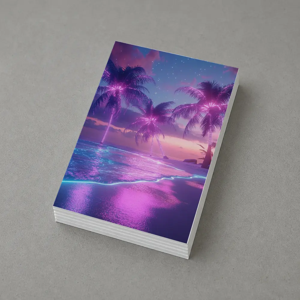 Neon Palm Trees Glowing Beach Night – Postcards