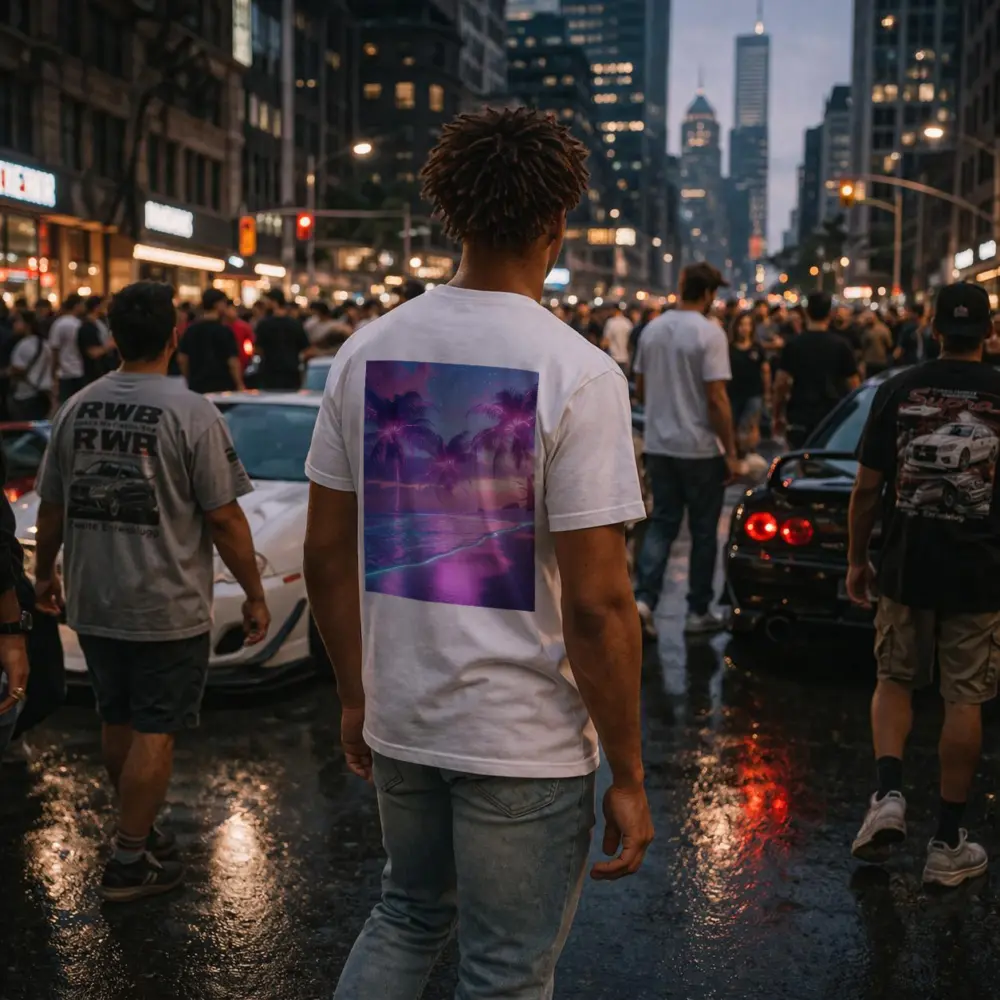 Neon Palm Trees Glowing Beach Night – T-Shirts