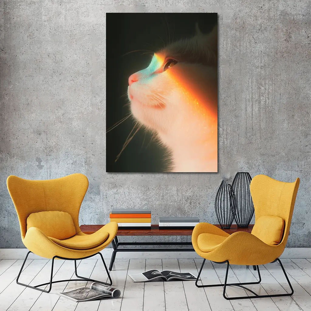 White Cat Profile With Rainbow Light Glow – Wall Art