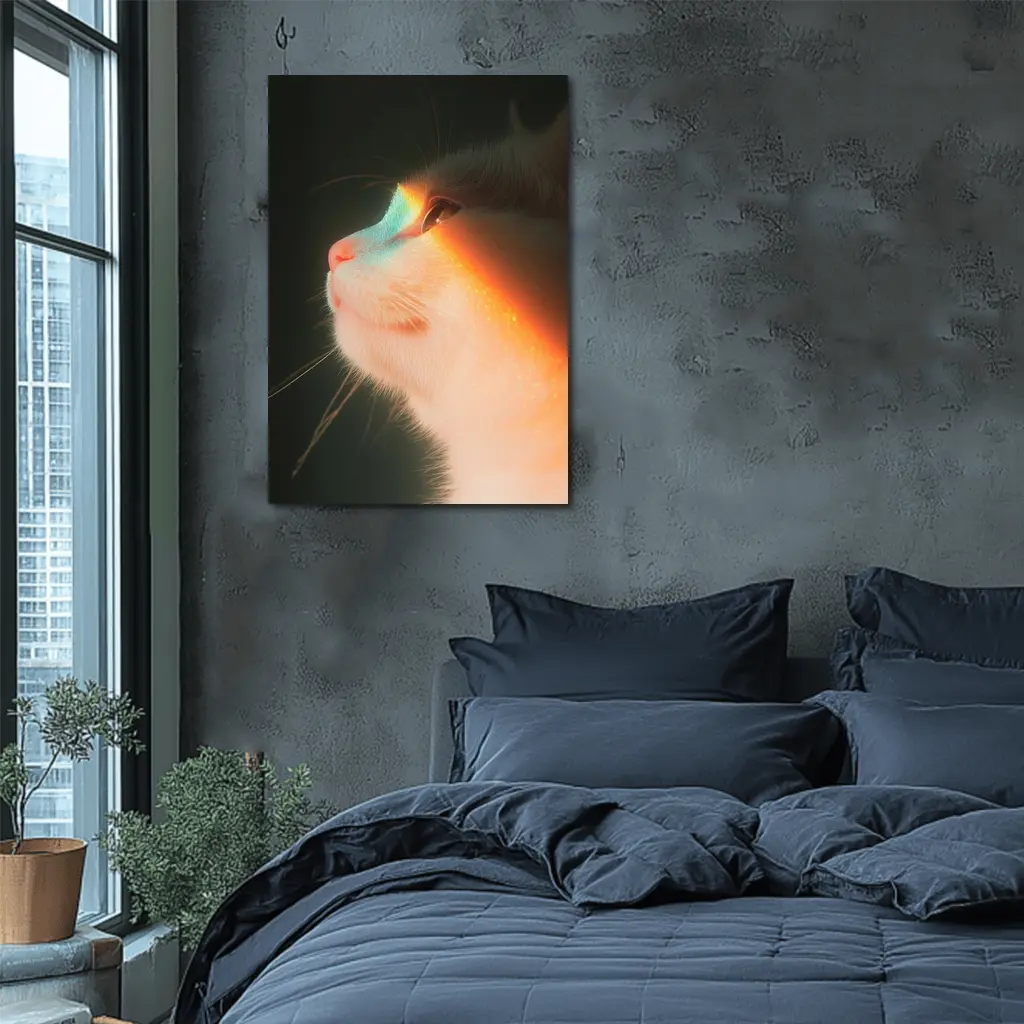 White Cat Profile With Rainbow Light Glow – Wall Art