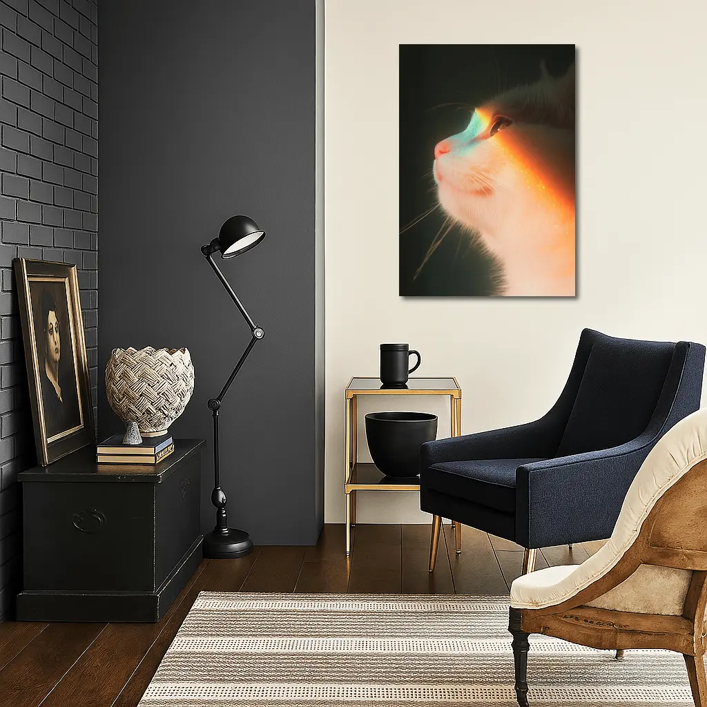 White Cat Profile With Rainbow Light Glow – Wall Art