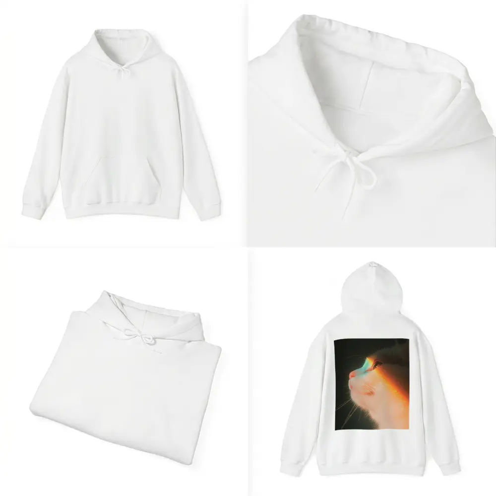 White Cat Profile With Rainbow Light Glow – Hoodies