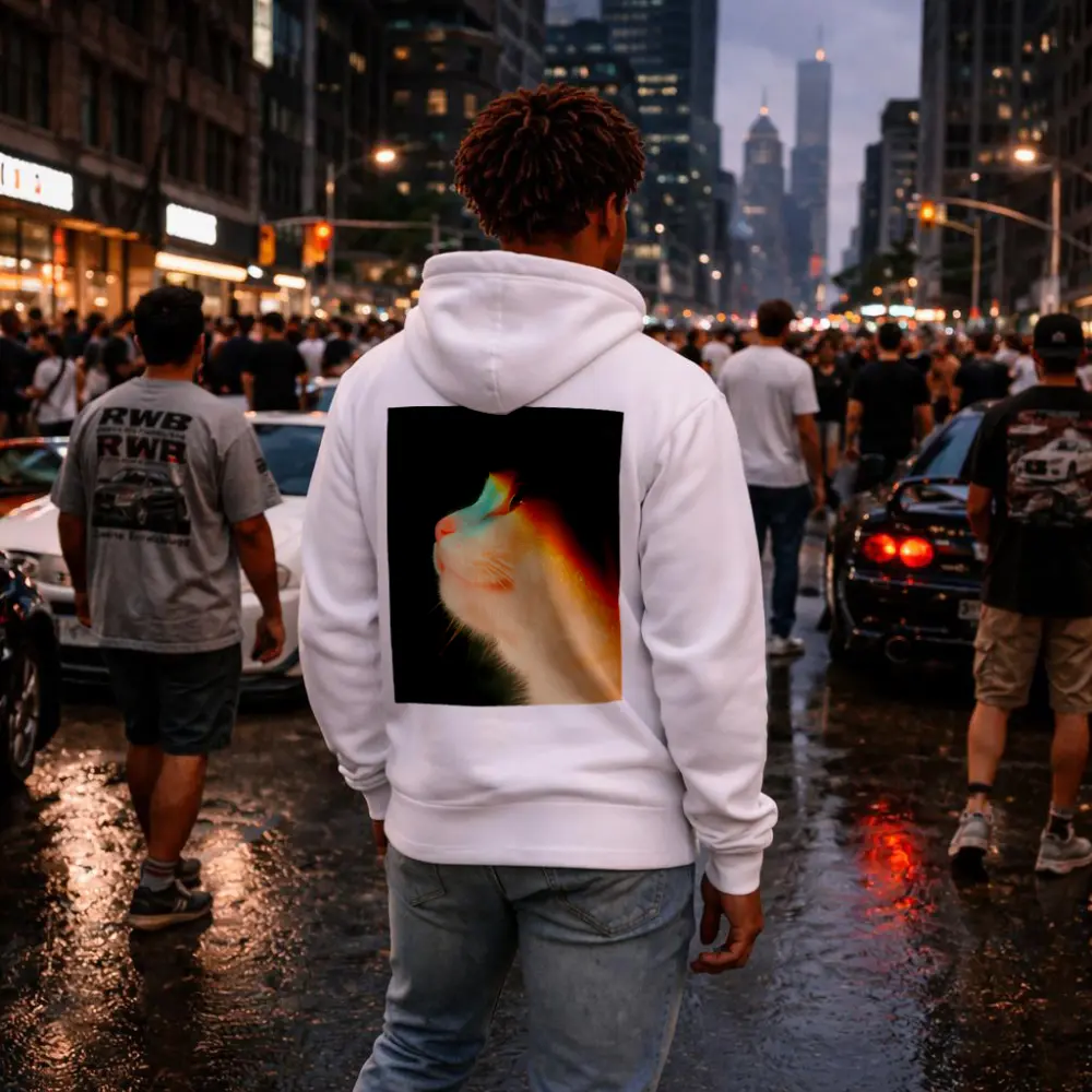 White Cat Profile With Rainbow Light Glow – Hoodies