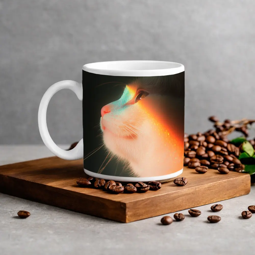 White Cat Profile With Rainbow Light Glow – Mugs