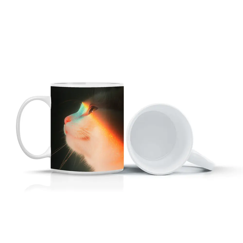 White Cat Profile With Rainbow Light Glow – Mugs