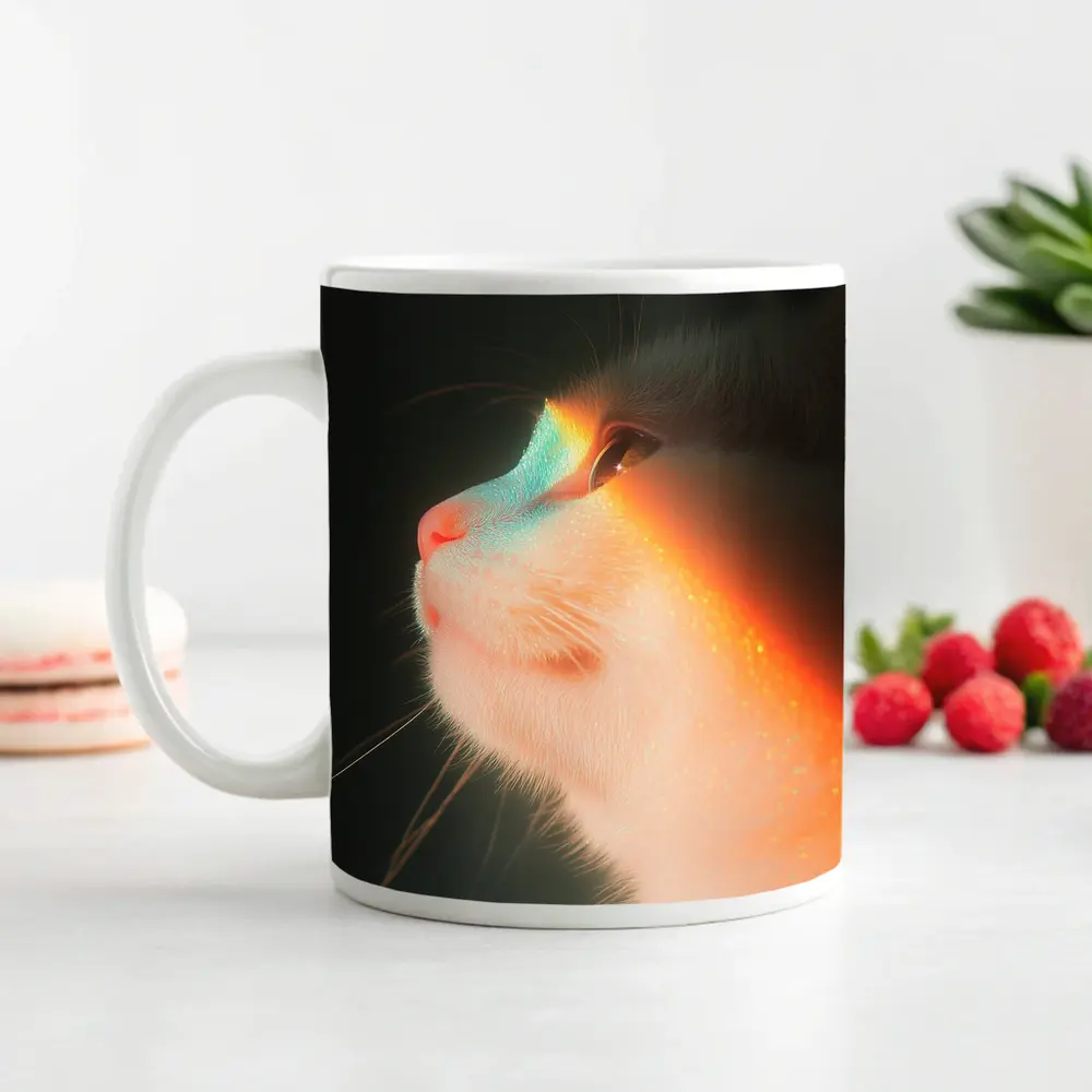 White Cat Profile With Rainbow Light Glow – Mugs