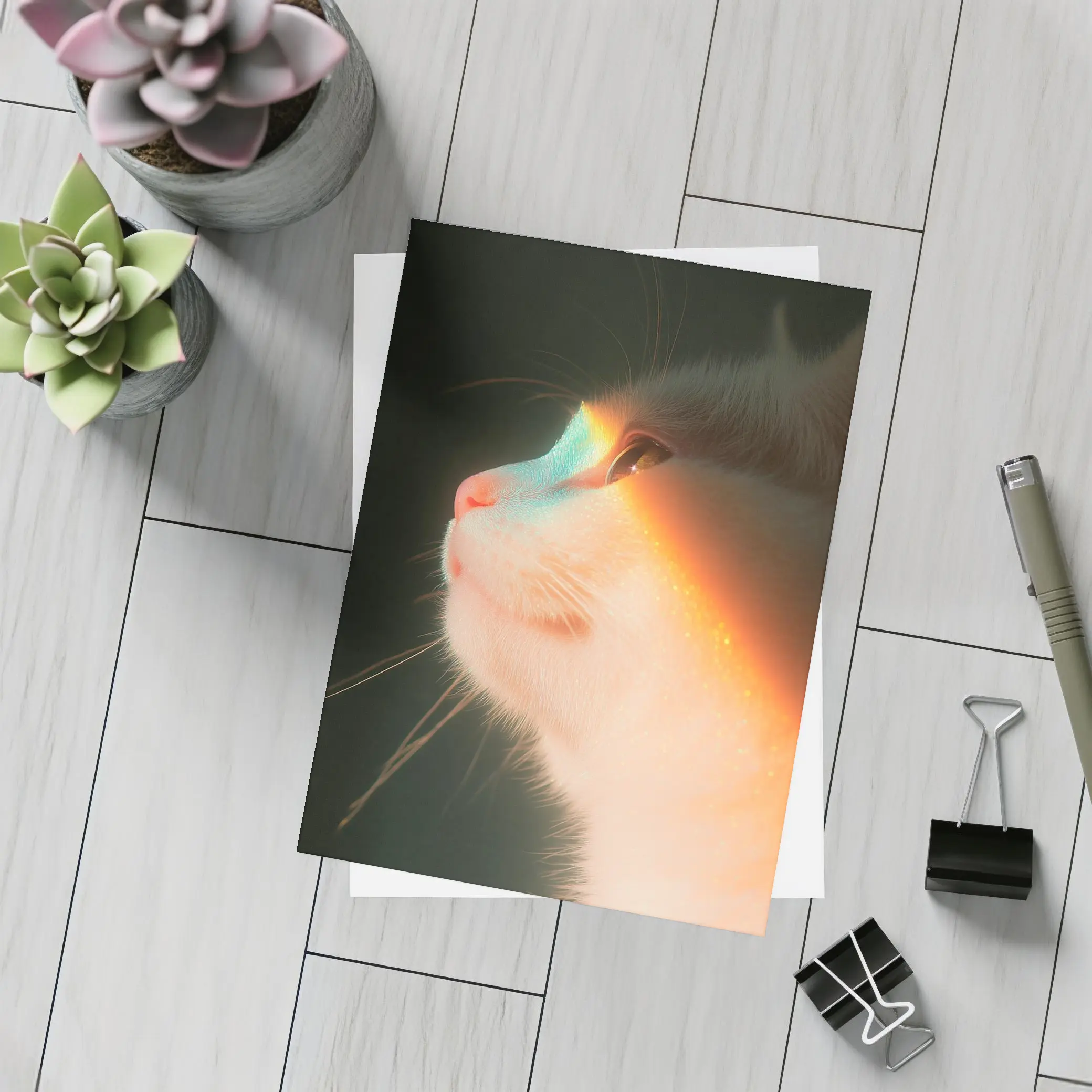 White Cat Profile With Rainbow Light Glow – Postcards