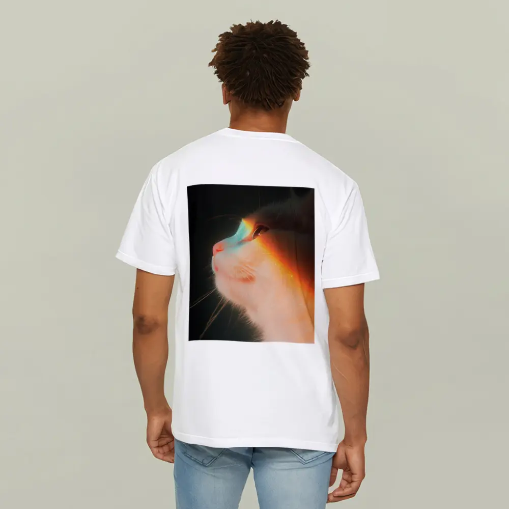 White Cat Profile With Rainbow Light Glow – T-Shirts