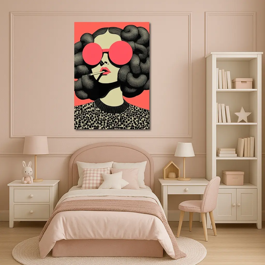 Retro Woman Big Sunglasses Coral Pink Background – Wall Art