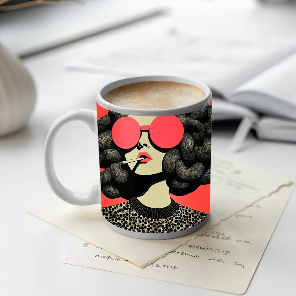 Retro Woman Big Sunglasses Coral Pink Background – Mugs