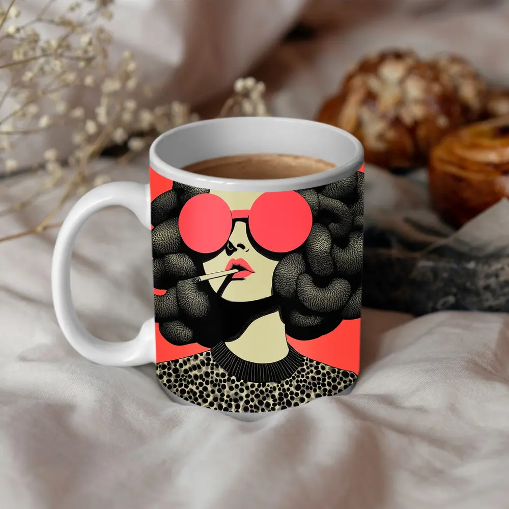 Retro Woman Big Sunglasses Coral Pink Background – Mugs