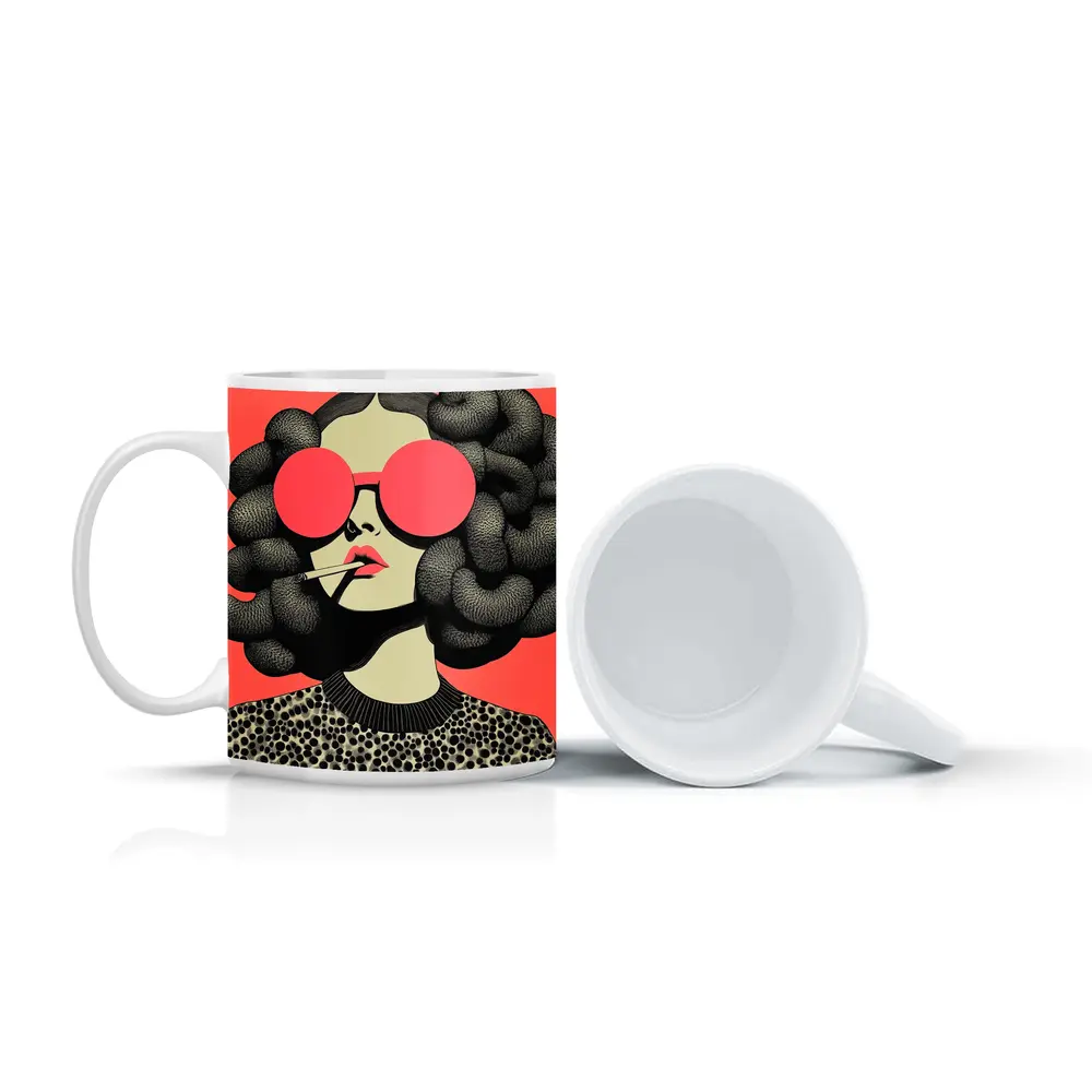Retro Woman Big Sunglasses Coral Pink Background – Mugs