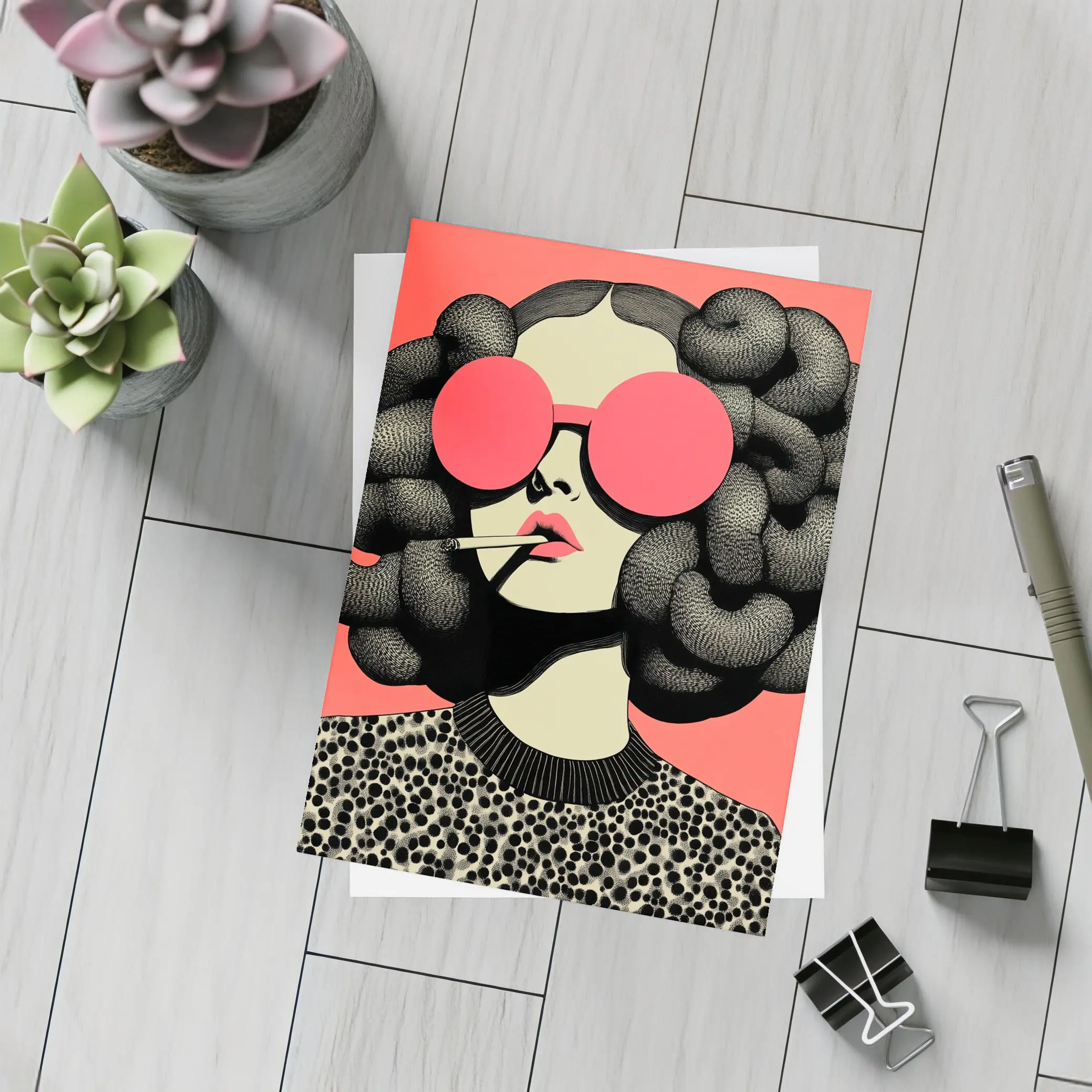 Retro Woman Big Sunglasses Coral Pink Background – Postcards