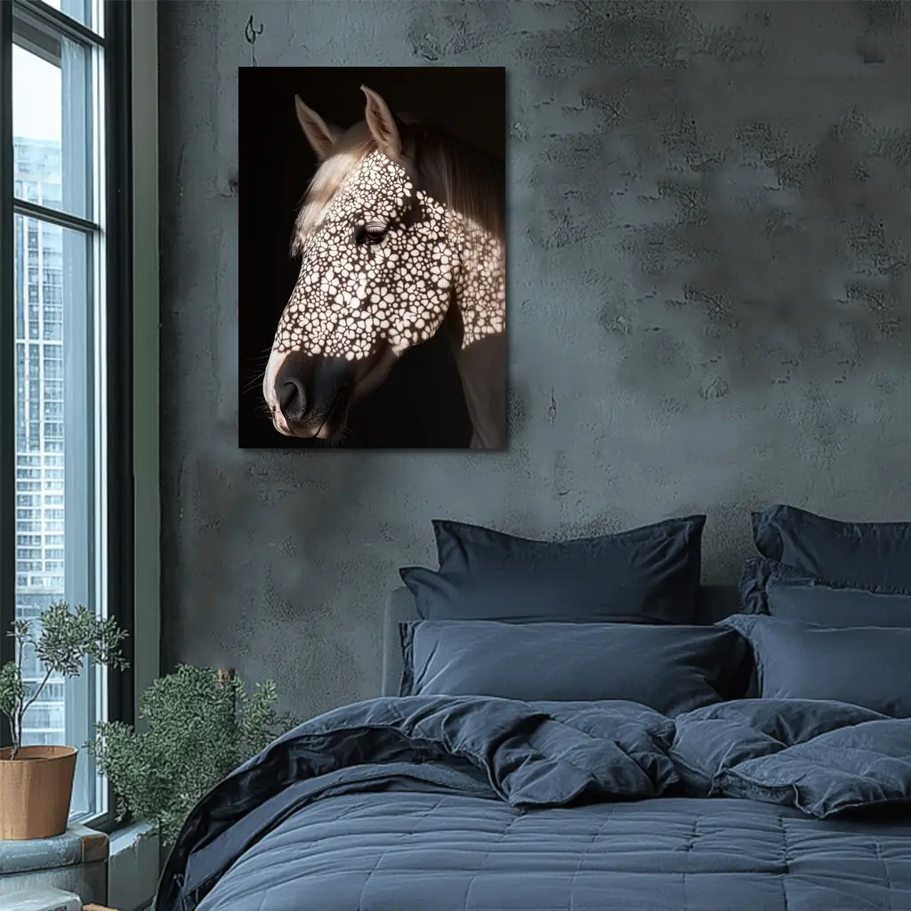 White Horse Floral Shadow Dark Background – Wall Art