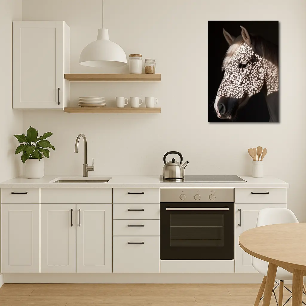 White Horse Floral Shadow Dark Background – Wall Art
