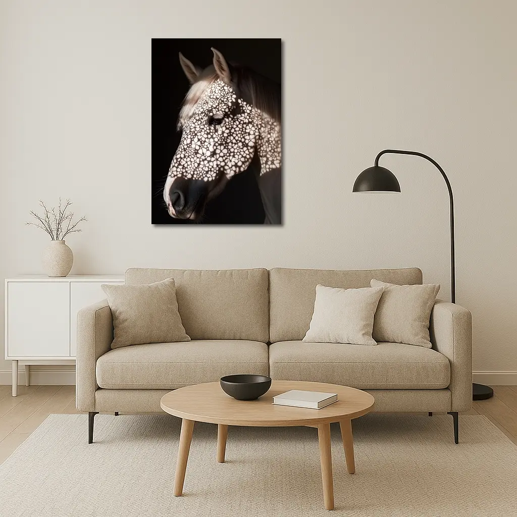 White Horse Floral Shadow Dark Background – Wall Art