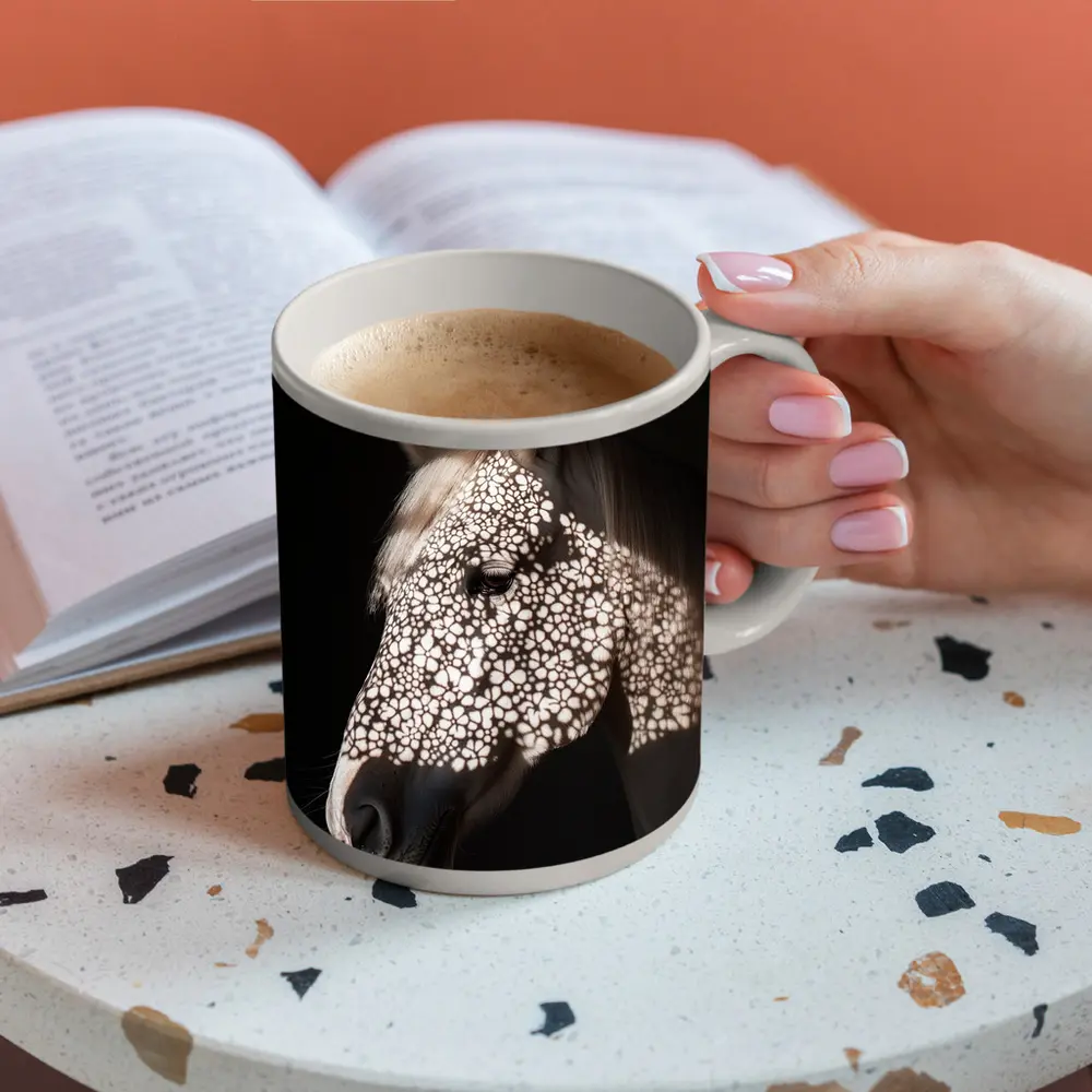 White Horse Floral Shadow Dark Background – Mugs
