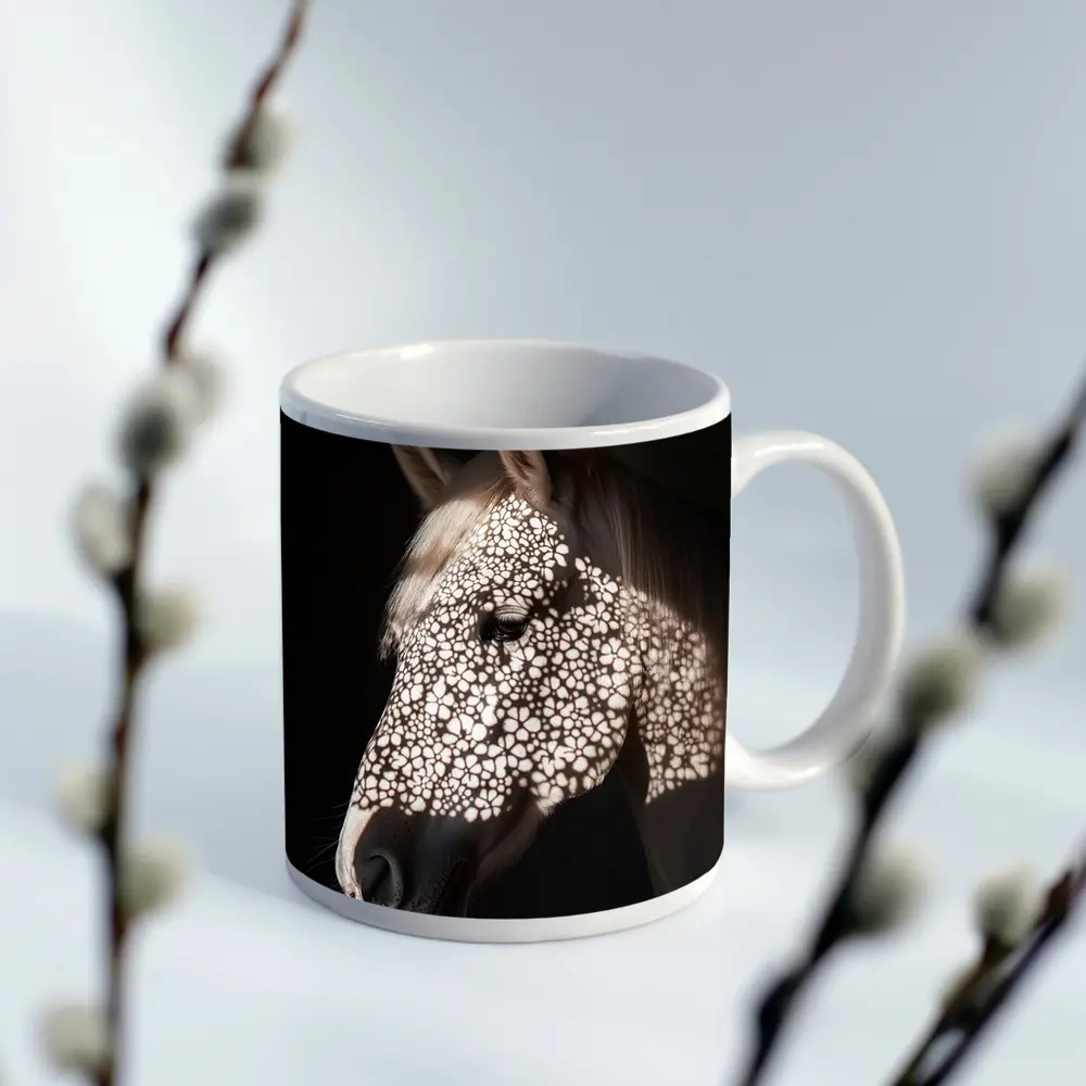 White Horse Floral Shadow Dark Background – Mugs