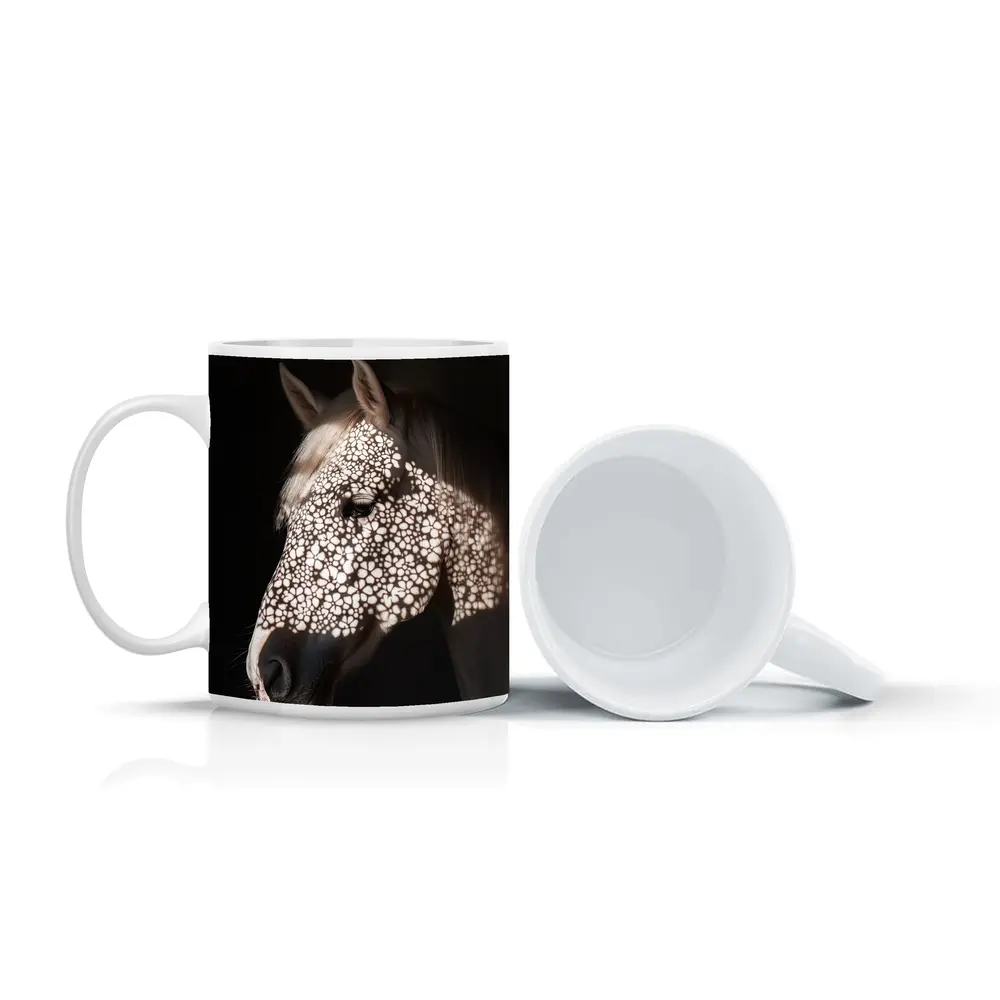 White Horse Floral Shadow Dark Background – Mugs