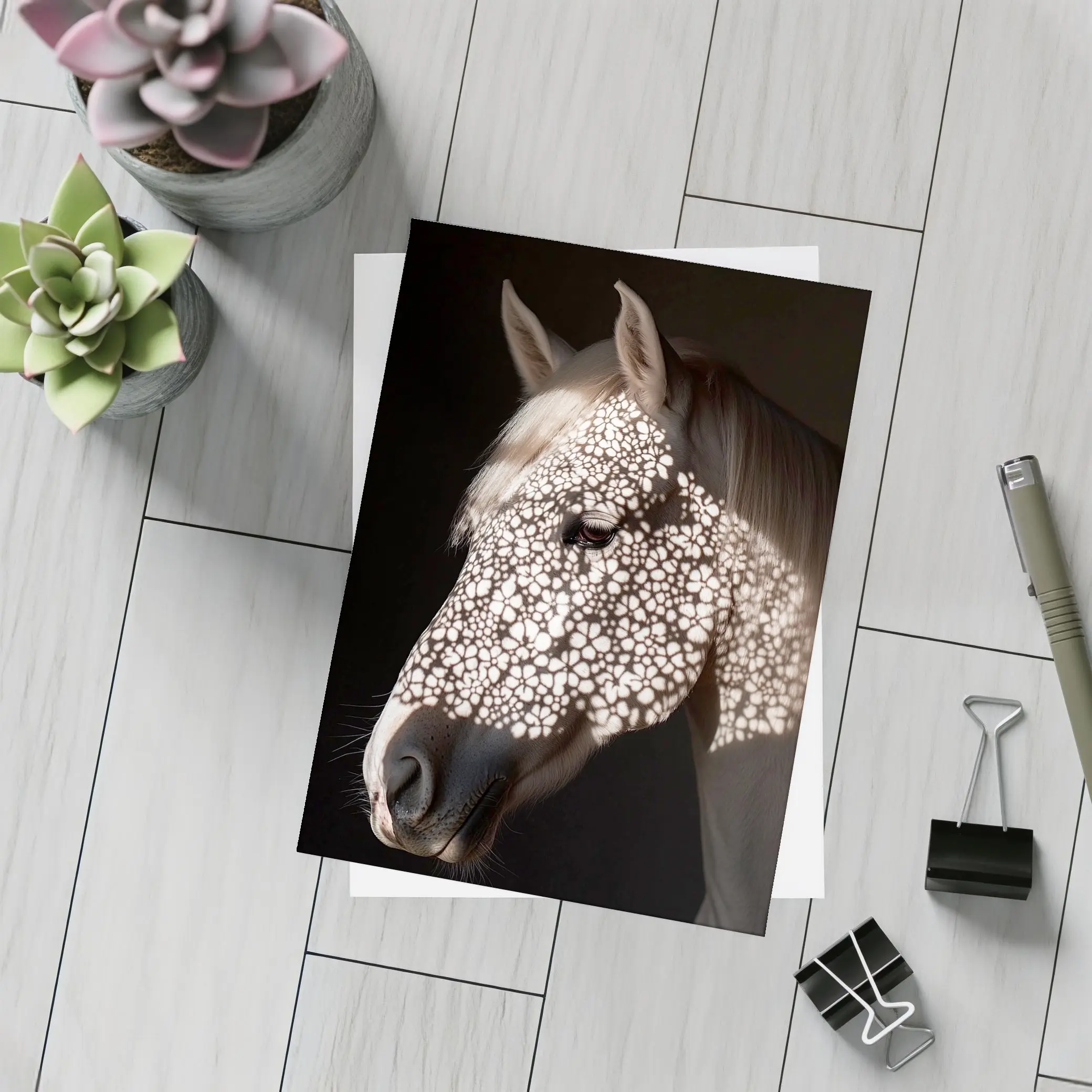 White Horse Floral Shadow Dark Background – Postcards