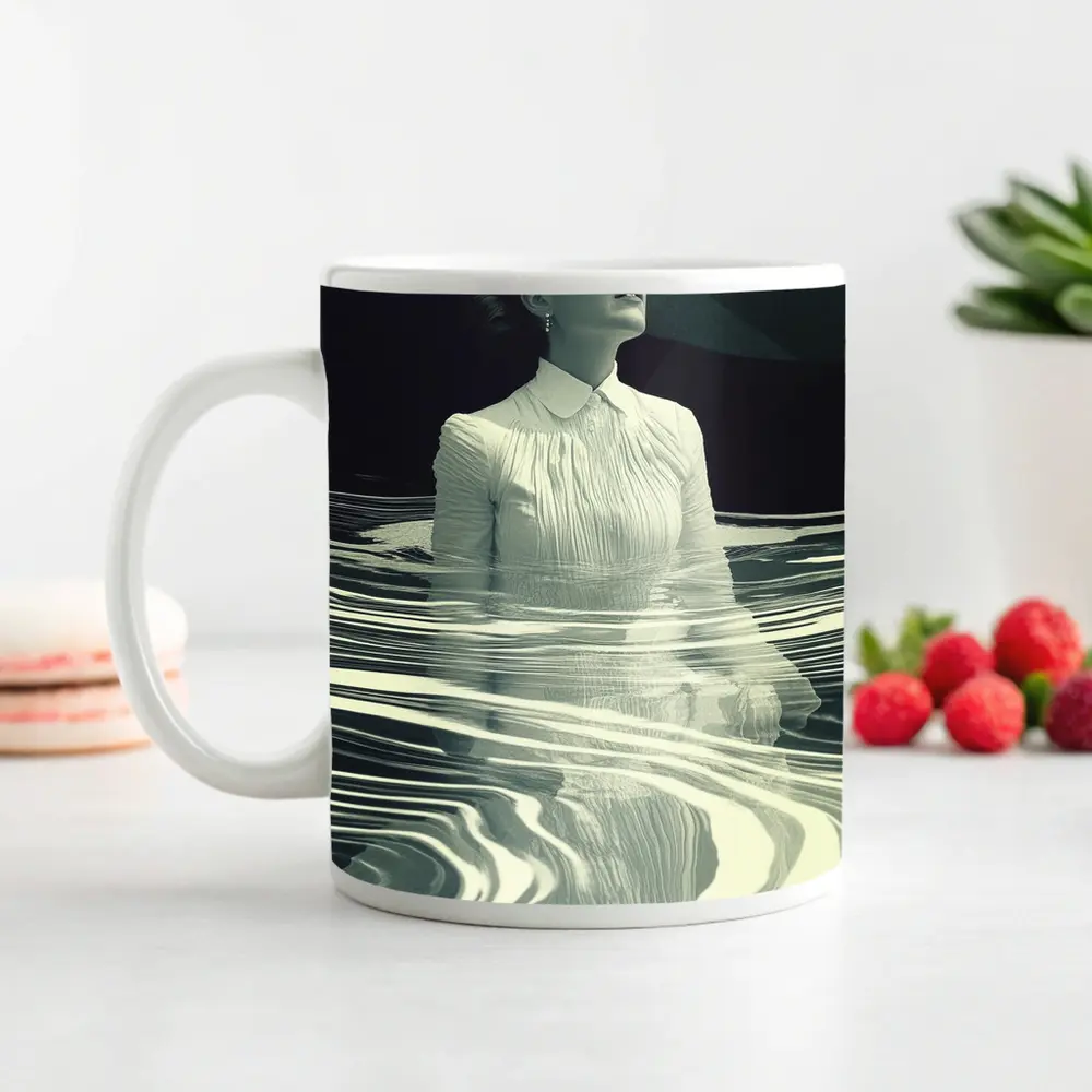 Woman in White Surreal Water Ripples Art – Mugs