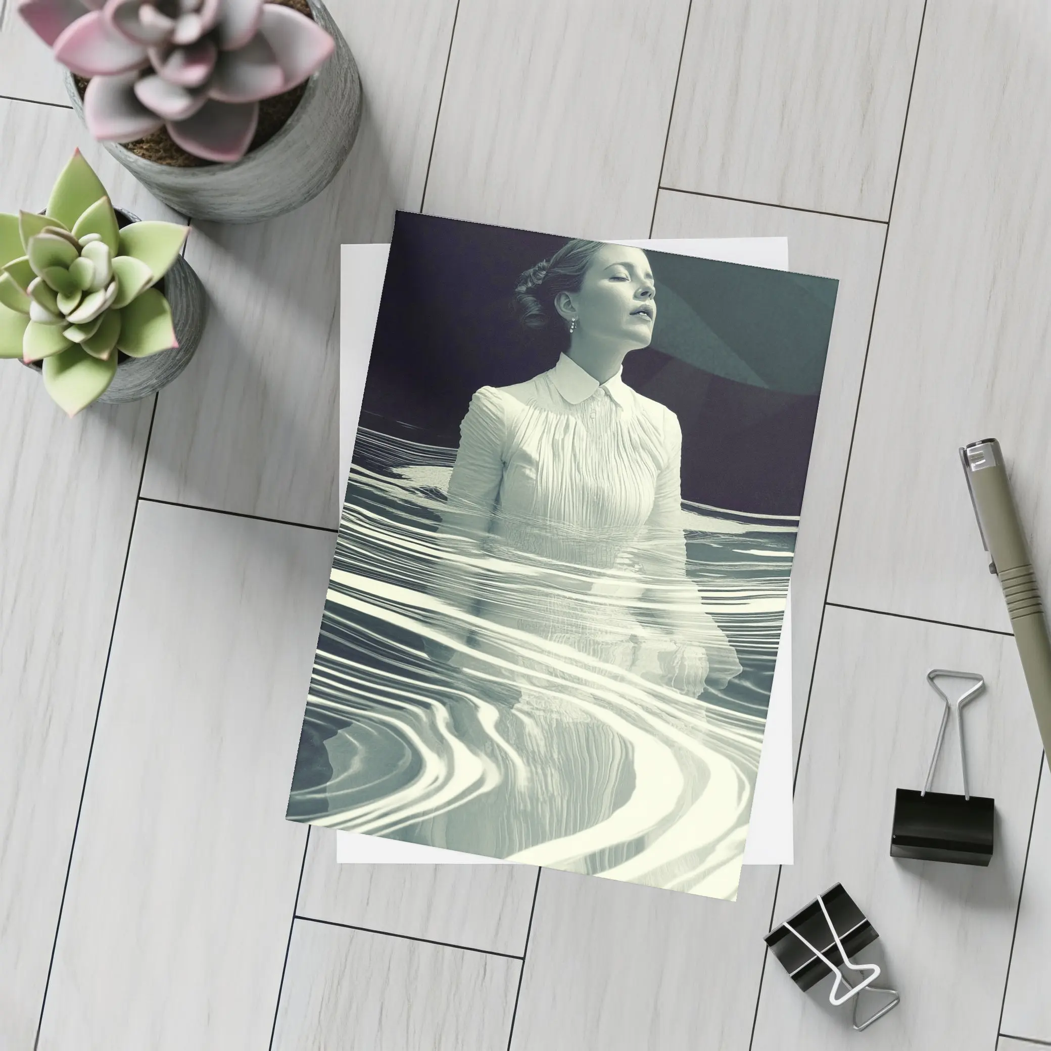 Woman in White Surreal Water Ripples Art – Postcards