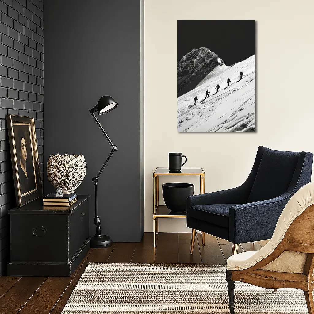 Mountaineers Climbing Snowy Peak Black White – Wall Art