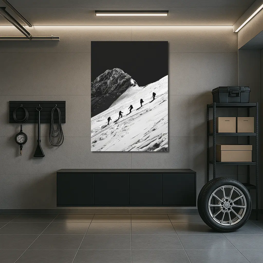 Mountaineers Climbing Snowy Peak Black White – Wall Art
