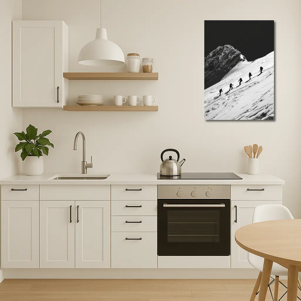 Mountaineers Climbing Snowy Peak Black White – Wall Art