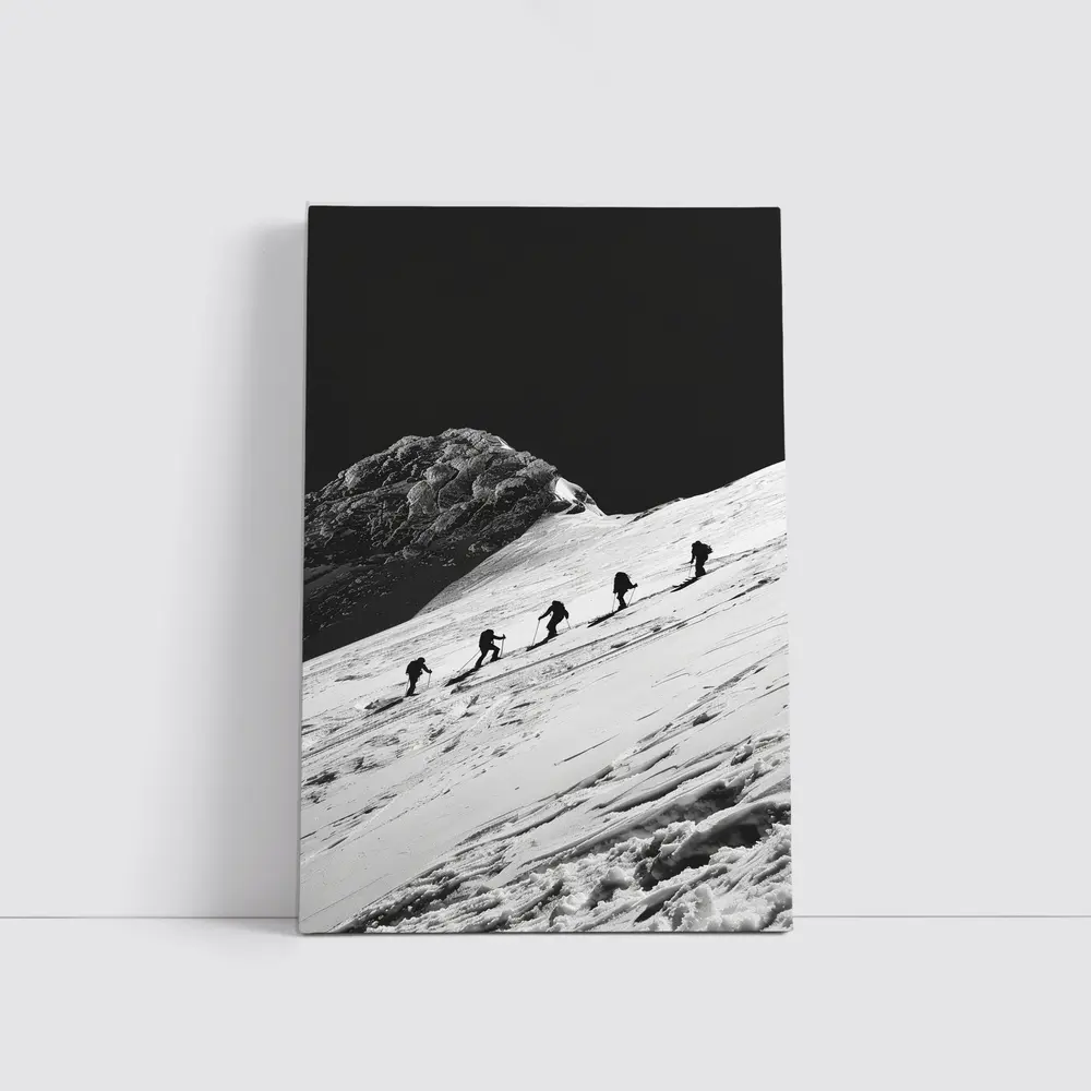 Mountaineers Climbing Snowy Peak Black White – Wall Art