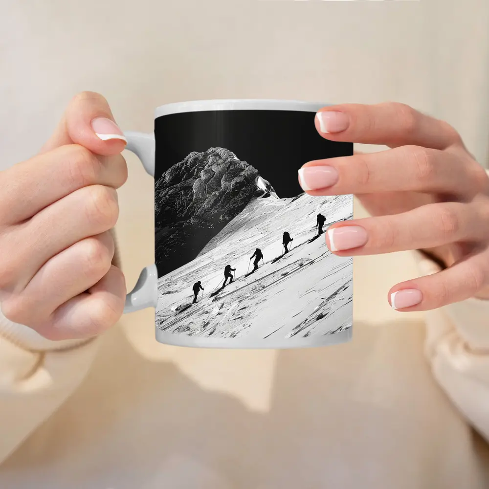 Mountaineers Climbing Snowy Peak Black White – Mugs