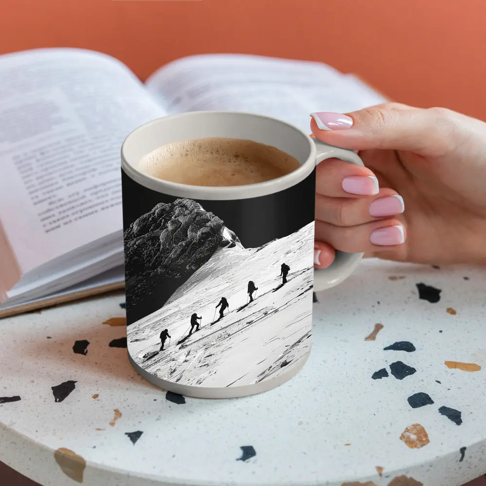 Mountaineers Climbing Snowy Peak Black White – Mugs